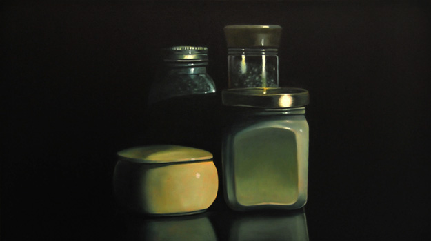 Mustard, Salt, Oregano and Pepper on the Edge of the Table